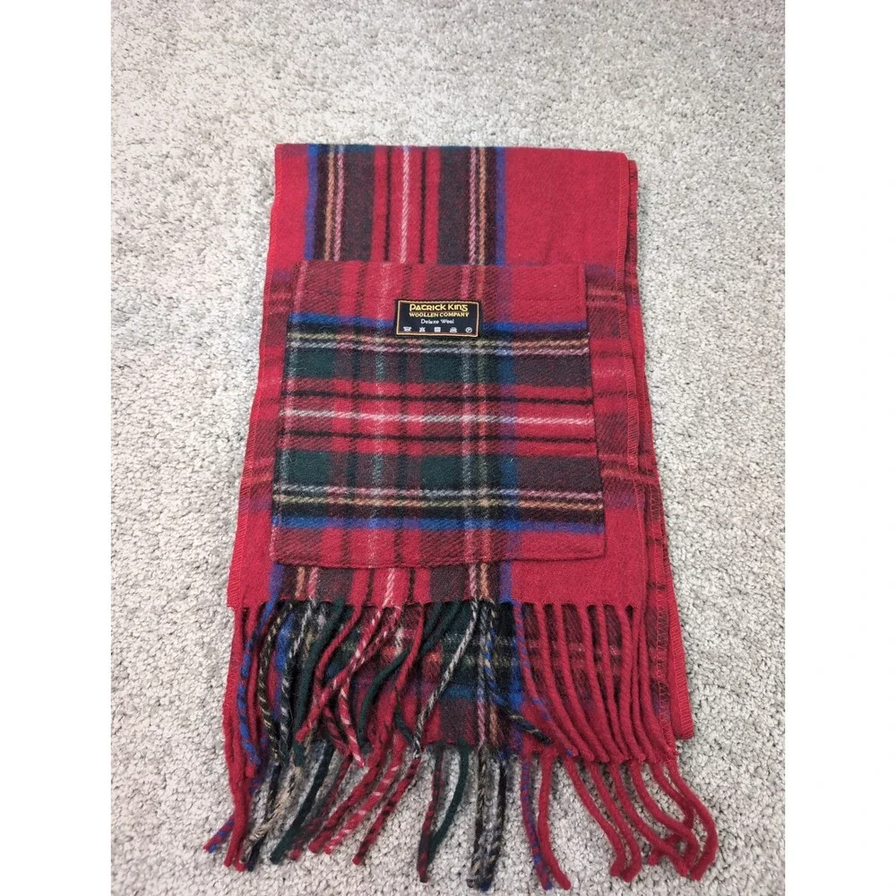 Patrick King Woollen Company Red Tartan Plaid Deluxe Wool Scarf Pocket Fringe